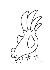 A chicken with its head in the ground for food to pick. His tail feathers with four sticks up.